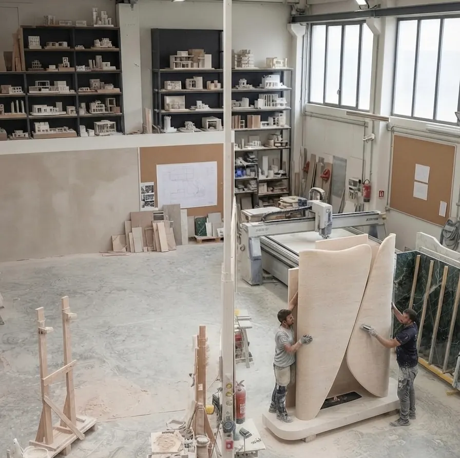 L'atelier : étagères de maquettes architecturales, table de découpe numérique, deux artisans façonnant un panneau galbé sur une forme sculpturale, dalles de marbre en réserve