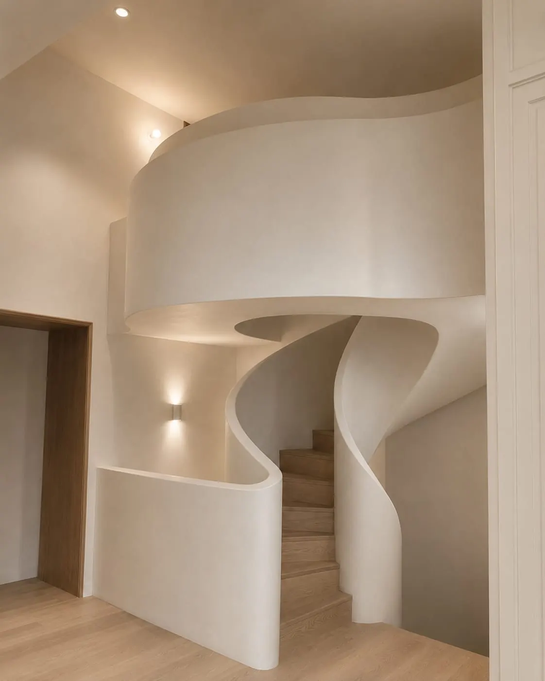 Escalier en ruban, trois volées — Plâtre sculpté, marches en chêne clair