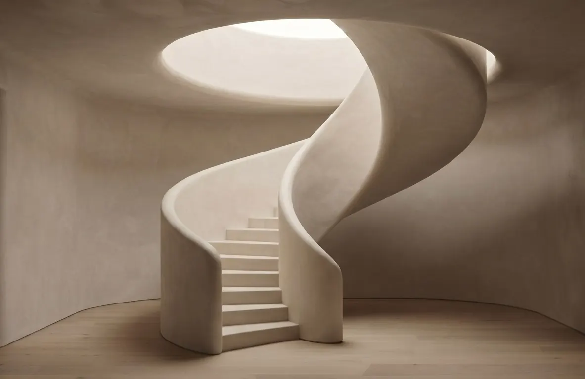 Oculus et spirale, escalier monolithe — Plâtre sculpté d'un seul tenant, sans veinage